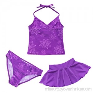 ACSUSS Girls' 3 Pieces Tankini Floral Printed Halter Crop Tops Bottoms Tutu Skirt Swimwear Beachwear Purple B07JPXC31K